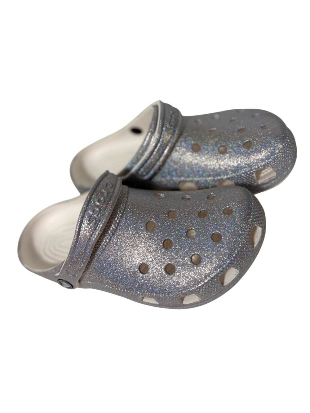CROCS Silver womens Size 8 Mens Size 6 Slip On Clogs Sparkle Glitter 11 Pivoting